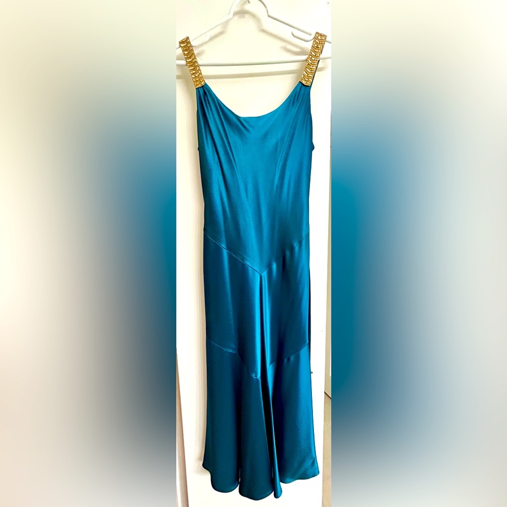 ABS Allen Schwartz Knee-Length Teal/Gold Satin Dress - Size 8